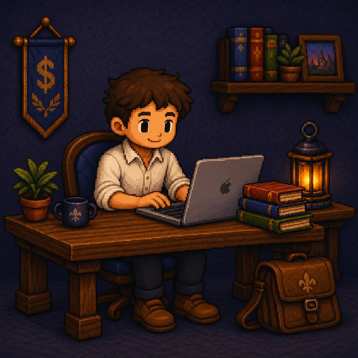 A founder working on a laptop at a candle-lit wooden desk, surrounded by books and a satchel.