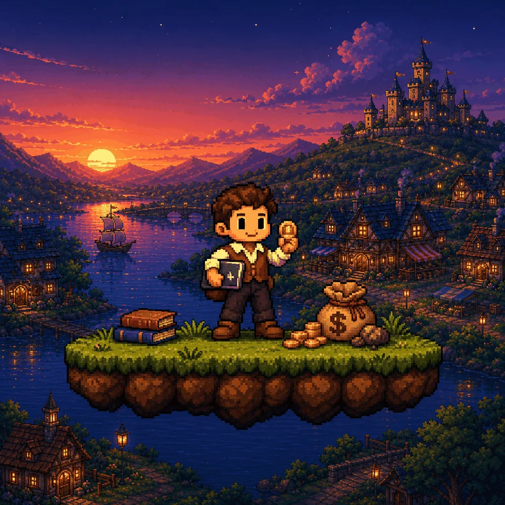 A founder standing on a floating island holding a coin, a bag of gold and a ledger beside him.
