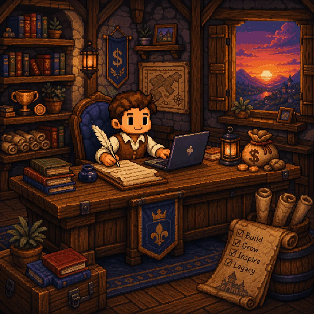 A founder writing at a candle-lit desk with a laptop, quill and a ledger of goals.