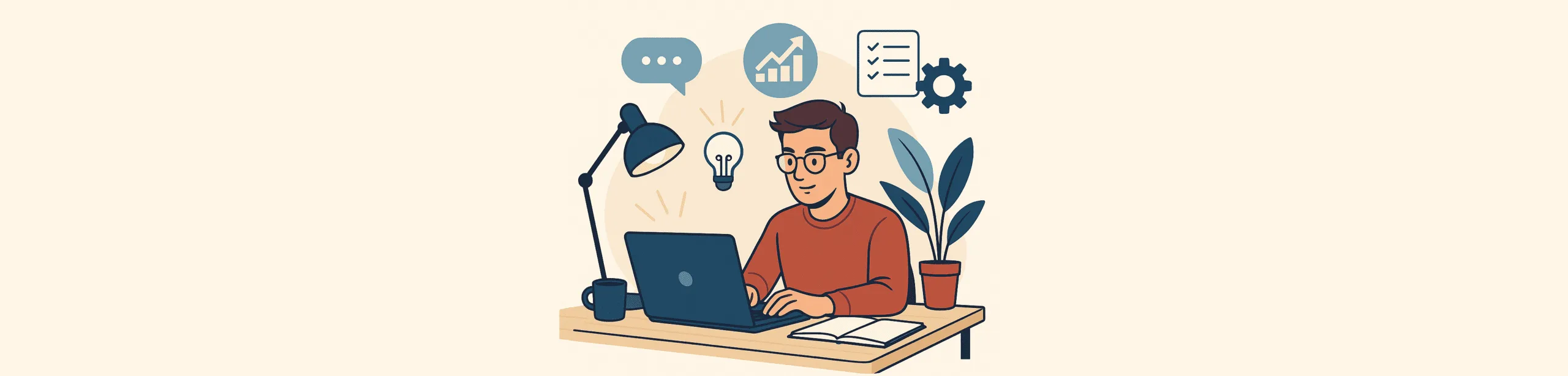 Illustration of a solopreneur working on a laptop at a desk with idea, chart and checklist icons above