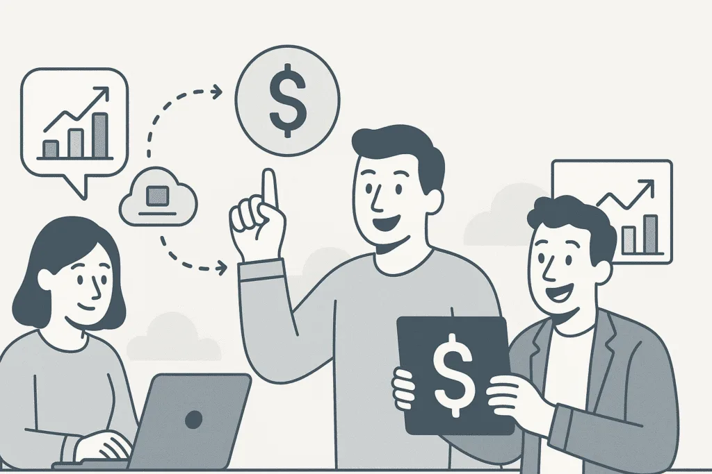 Illustration of three people with a laptop, dollar signs and growth charts representing an affiliate program