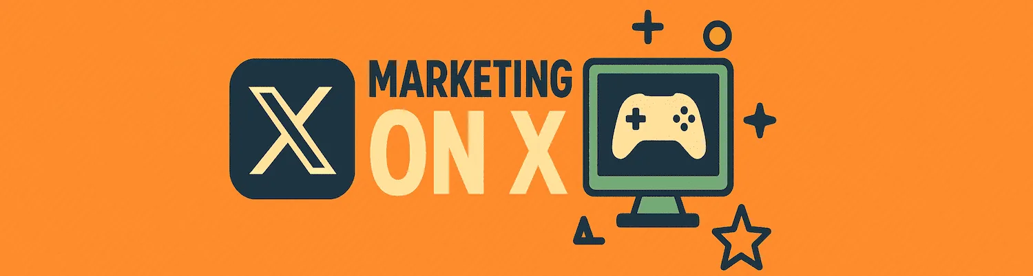 Marketing on X banner with the X logo and a monitor showing a game controller on an orange background