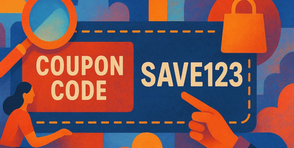 Illustration of a coupon ticket reading Coupon Code SAVE123 with a magnifying glass and shopping bag