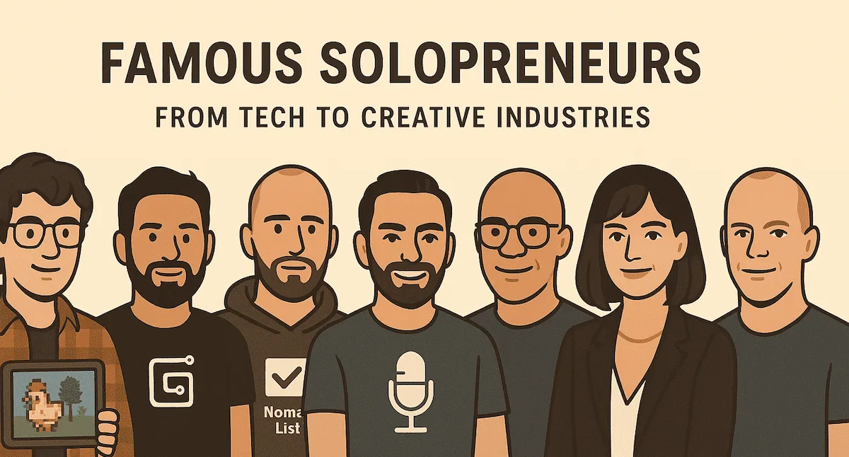 Illustrated lineup of seven famous solopreneurs from tech and creative industries, one holding a Stardew Valley screen