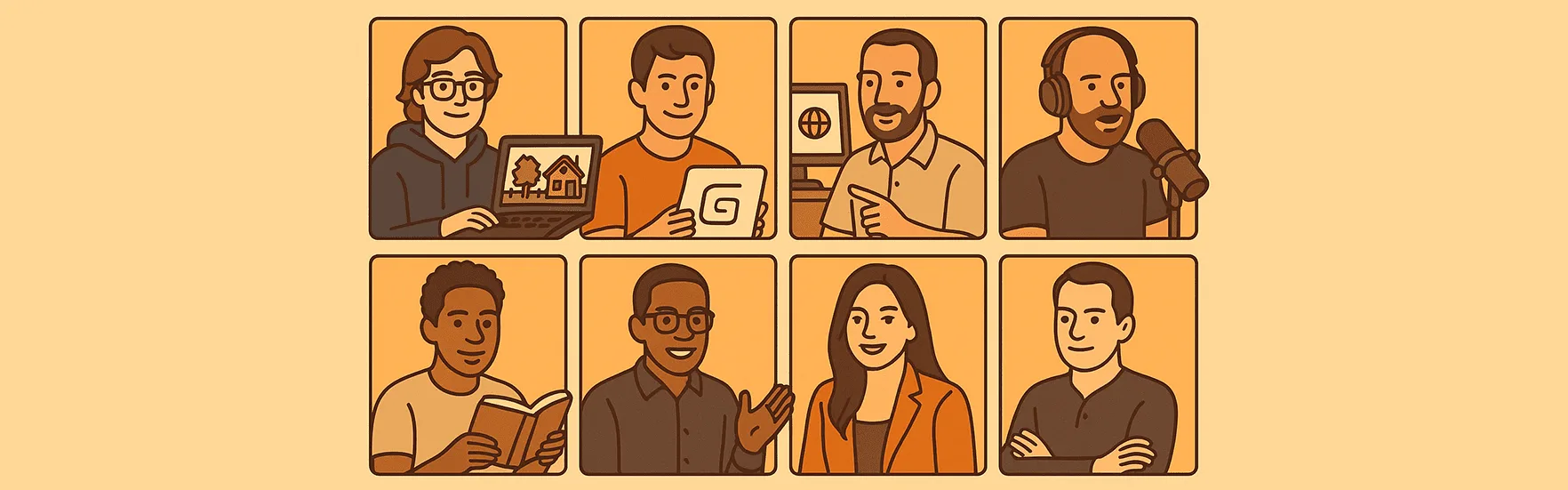 Illustrated grid of eight solopreneurs at work with a laptop, tablet, microphone, book and video call