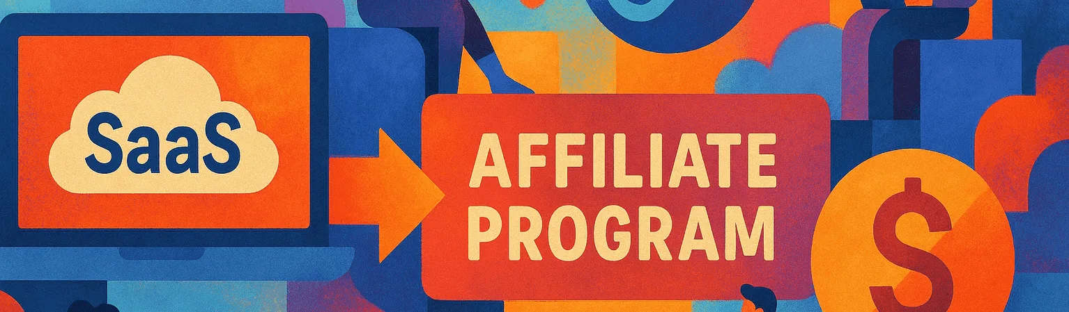 Colourful illustration of a SaaS laptop, an arrow to an Affiliate Program sign and a dollar coin