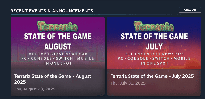 Example of terraria still publishing monthly updates on state of the game