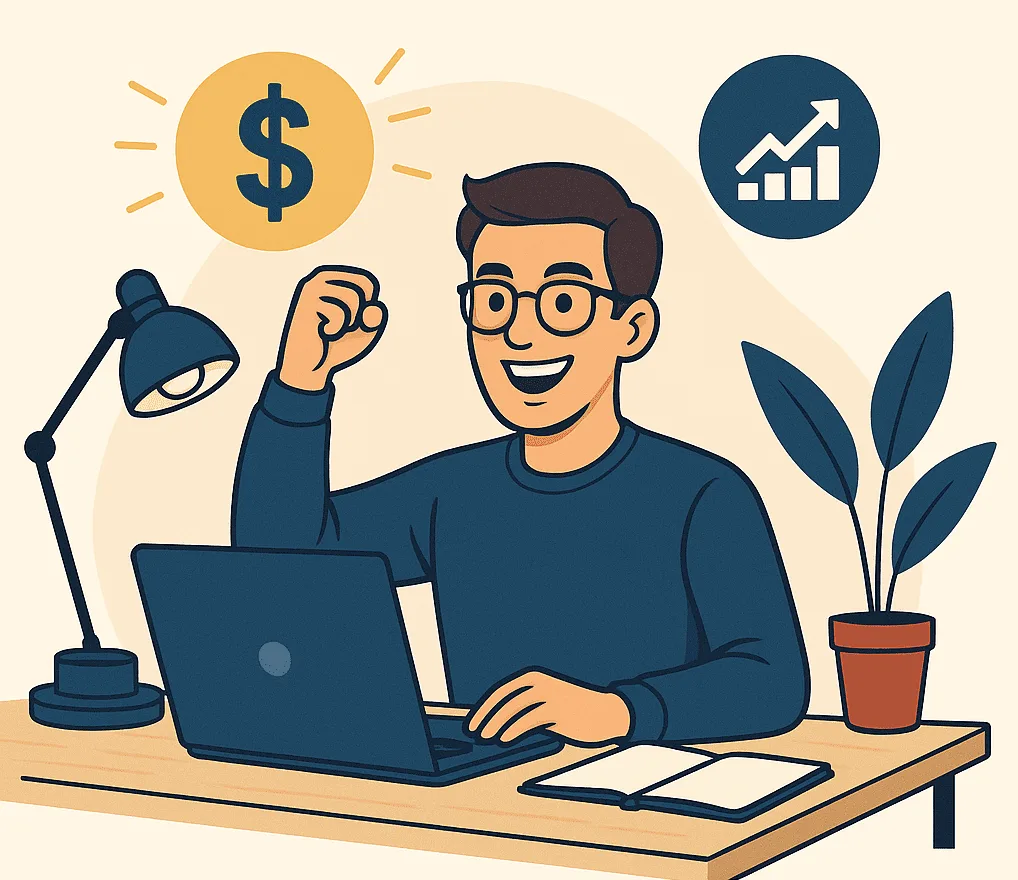 Illustration of a cheering solopreneur at a laptop with dollar and growth chart icons above the desk
