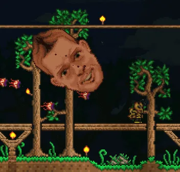 A Terraria jungle scene edited by players into a joke image, of the kind shared around the game's early reception