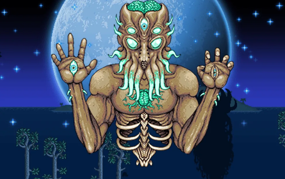 Moon Lord, the Terraria final boss Andrew “Redigit” Spinks added to the game, rising over the ocean at night