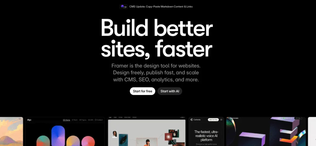 Framer homepage hero reading Build better sites, faster with Start for free and Start with AI buttons