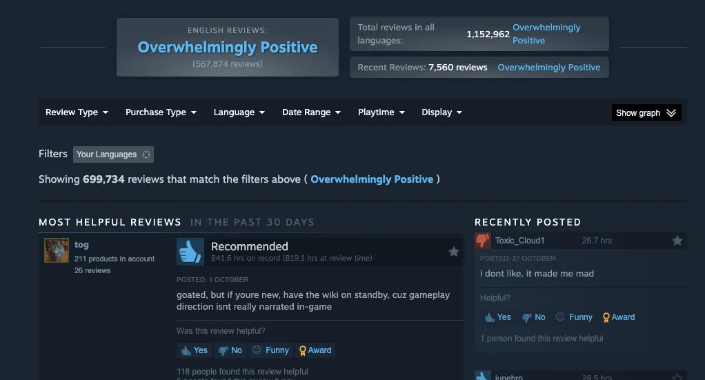 Steam reviews page for Terraria showing Overwhelmingly Positive with over 1.1 million reviews in all languages