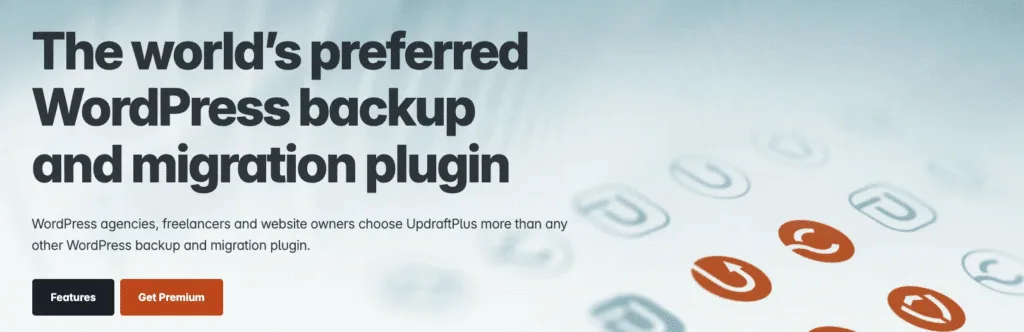 UpdraftPlus homepage hero calling it the world's preferred WordPress backup and migration plugin