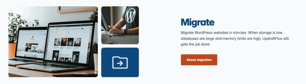 UpdraftPlus Migrate section describing moving WordPress websites in minutes with an About migration button