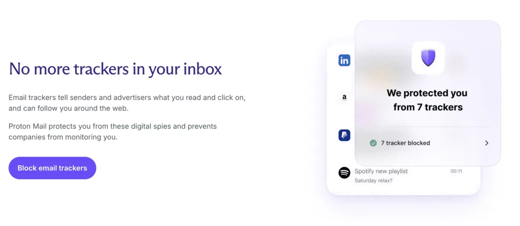 Proton Mail tracker blocking feature with a notice reading We protected you from 7 trackers