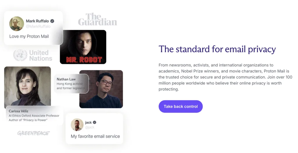 Proton Mail page headed The standard for email privacy with endorsements from Mark Ruffalo, Jack and others