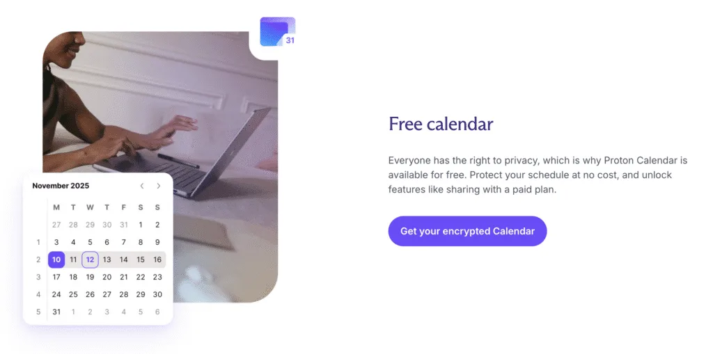 The Proton Calendar interface showing a free November 2025 month view beside someone working at a laptop