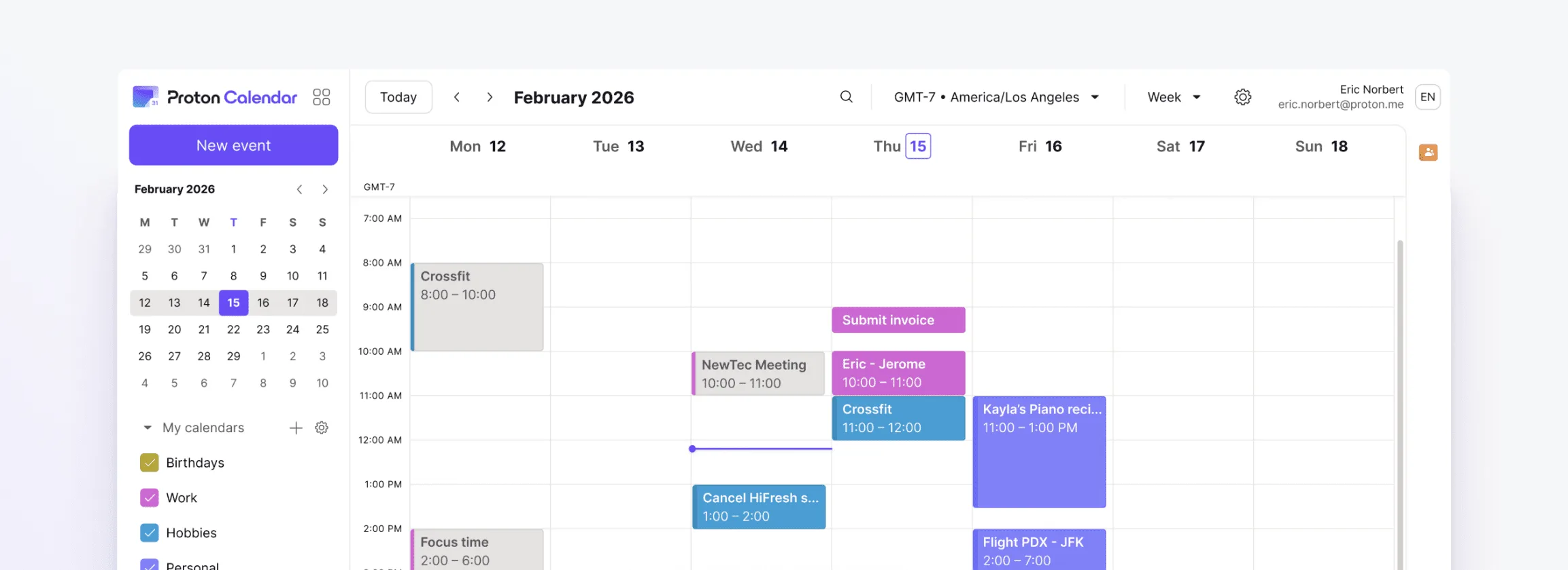 Proton Calendar web app in week view for February 2026 with colour-coded events and a mini month calendar
