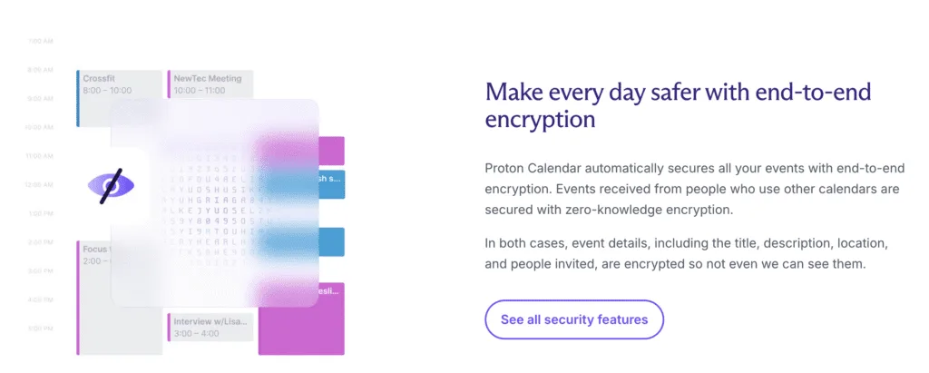 Proton Calendar's end-to-end encryption page, showing a week view where the event details are hidden behind encryption