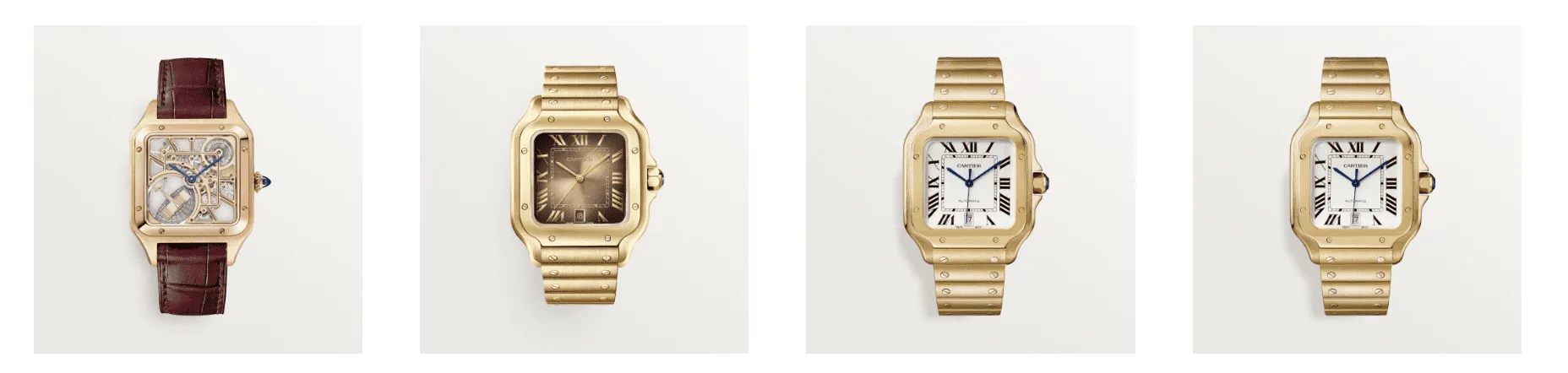 Four square Cartier watches in yellow gold, one skeleton dial on a leather strap and three on gold bracelets