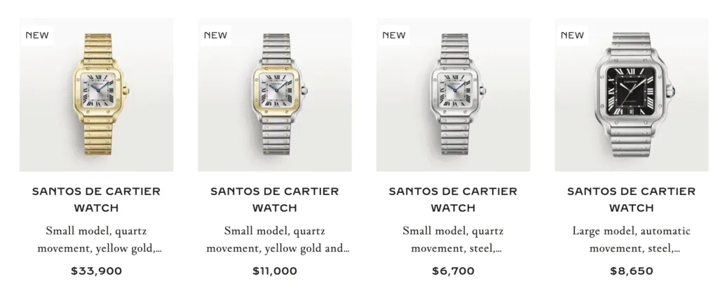 Four Santos de Cartier watches on Cartier's site priced from $6,700 to $33,900