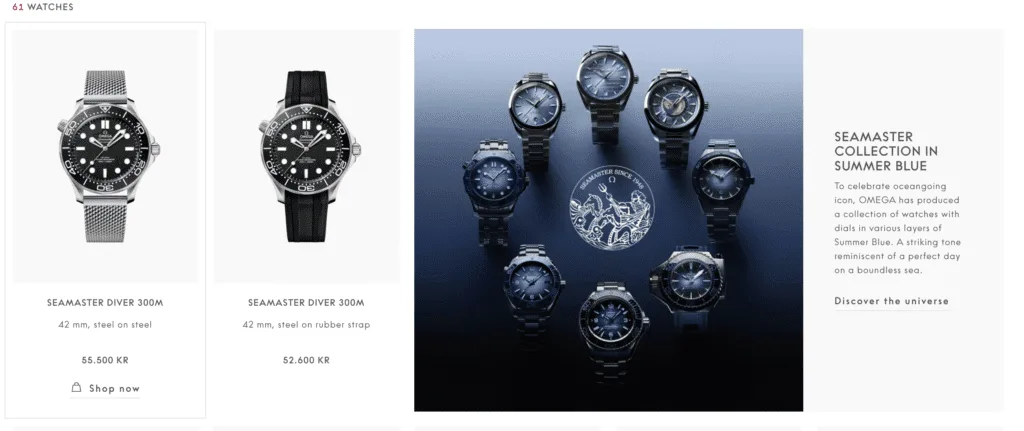 Omega online store showing two Seamaster Diver 300M watches and the Seamaster Summer Blue collection
