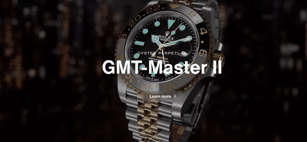 Rolex GMT-Master II two-tone watch with black and brown bezel on the Rolex website hero