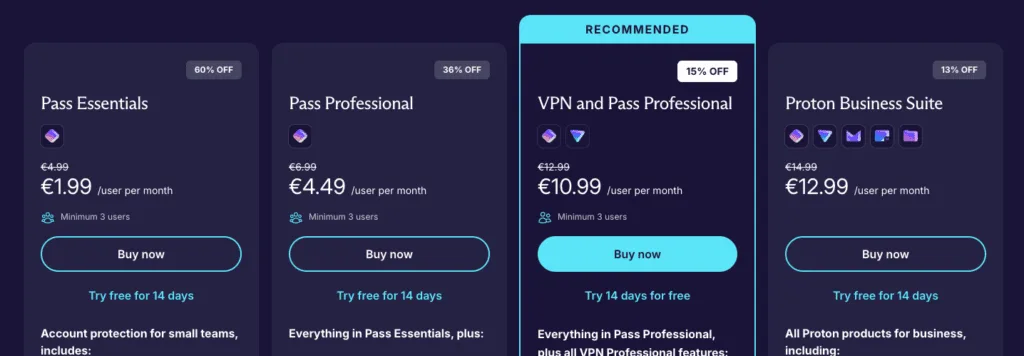 Proton pass pricing plan showing the discount applied