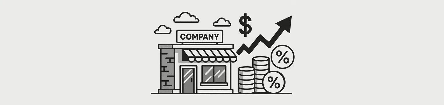 Line drawing of a small company storefront beside a rising arrow, dollar sign, coins and percent icons