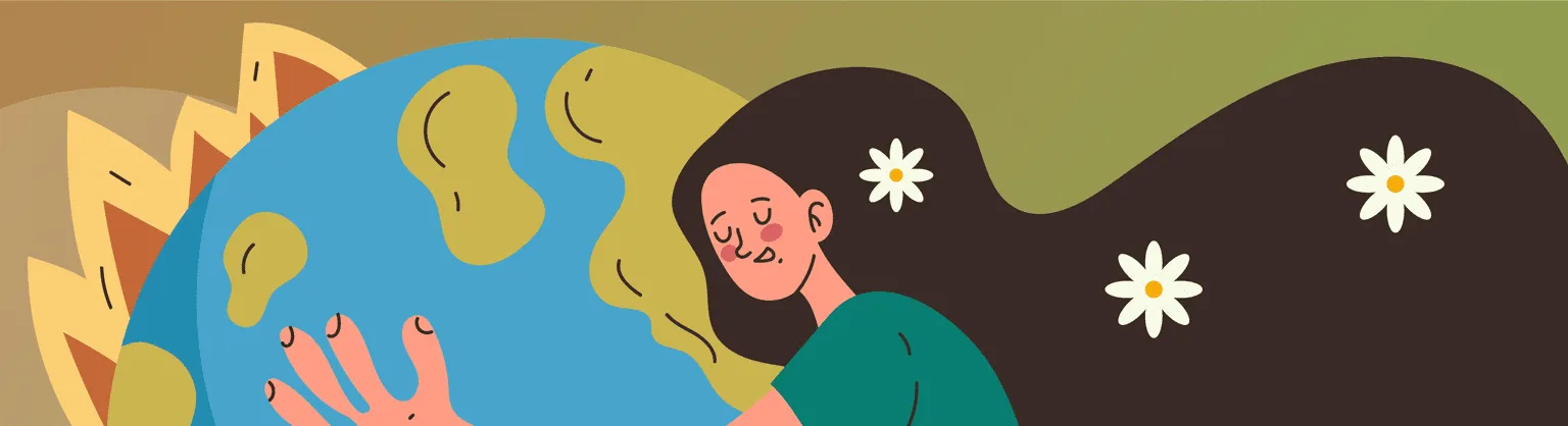 Illustration of a woman with long flowing hair hugging the Earth in front of a sun