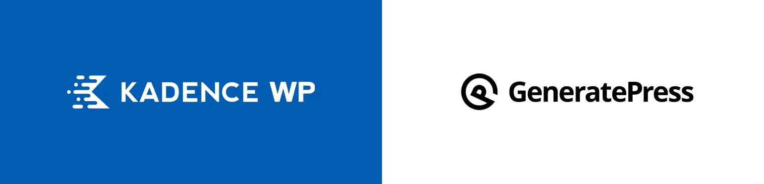 Kadence WP logo on blue beside the GeneratePress logo on white