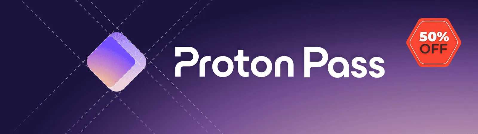 Proton Pass banner with the app logo on a purple background and a red 50% off badge