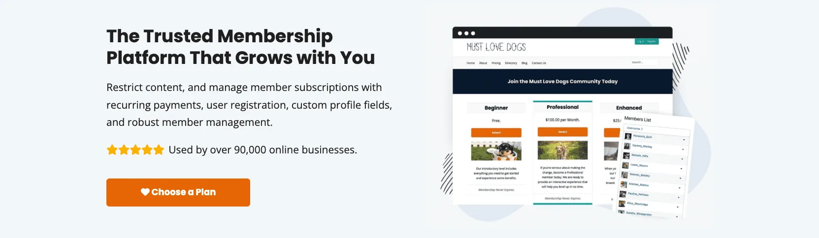 Paid Memberships Pro homepage banner with a demo site showing Beginner, Professional and Enhanced plans