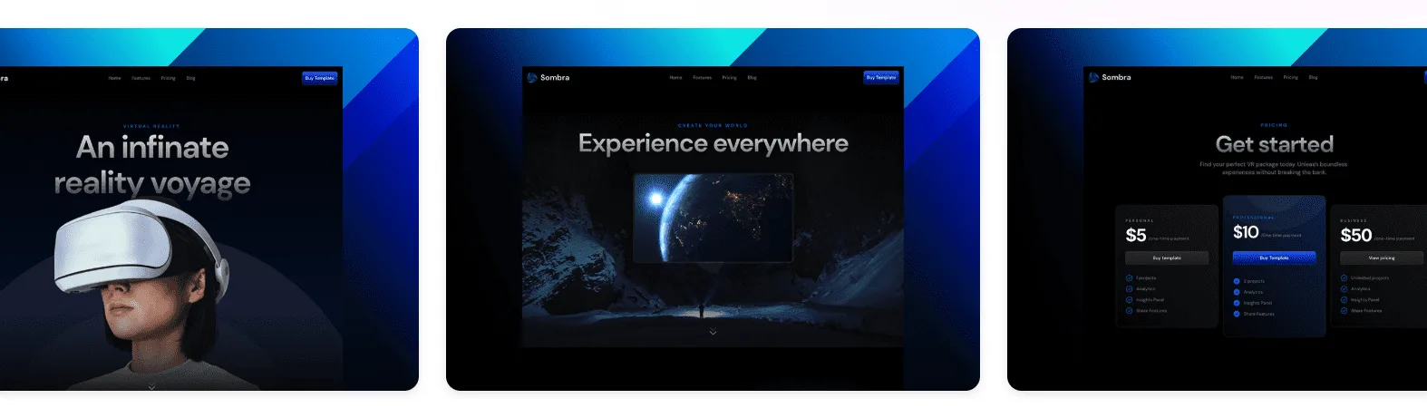 Three screens of the Sombra Framer landing page template with a VR headset hero and a three-tier pricing section
