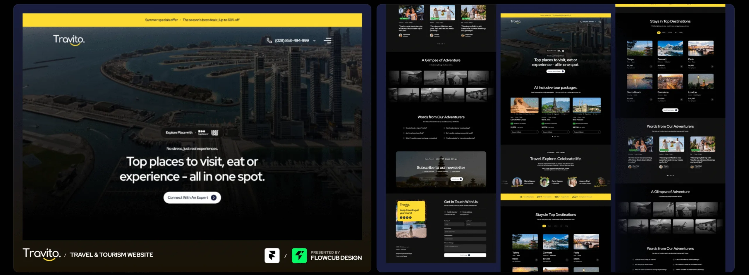 Travito travel and tourism Framer template preview showing its dark hero and page sections