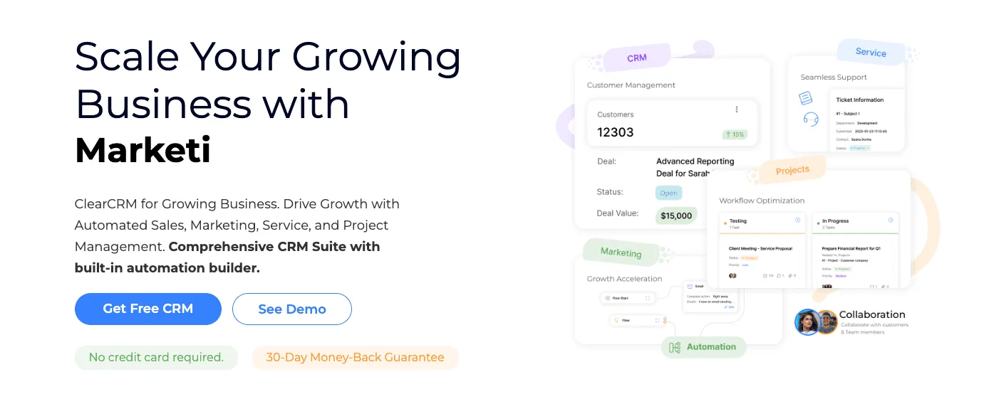 ClearCRM homepage hero reading Scale Your Growing Business with Marketi beside CRM, service and project cards
