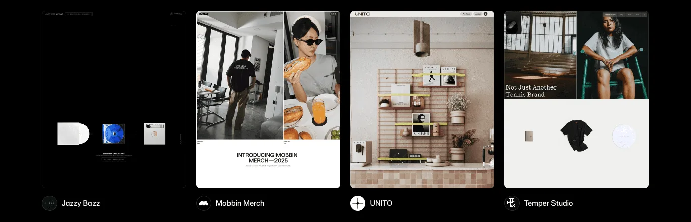 Four Framer ecommerce site examples: Jazzy Bazz, Mobbin Merch, UNITO and Temper Studio