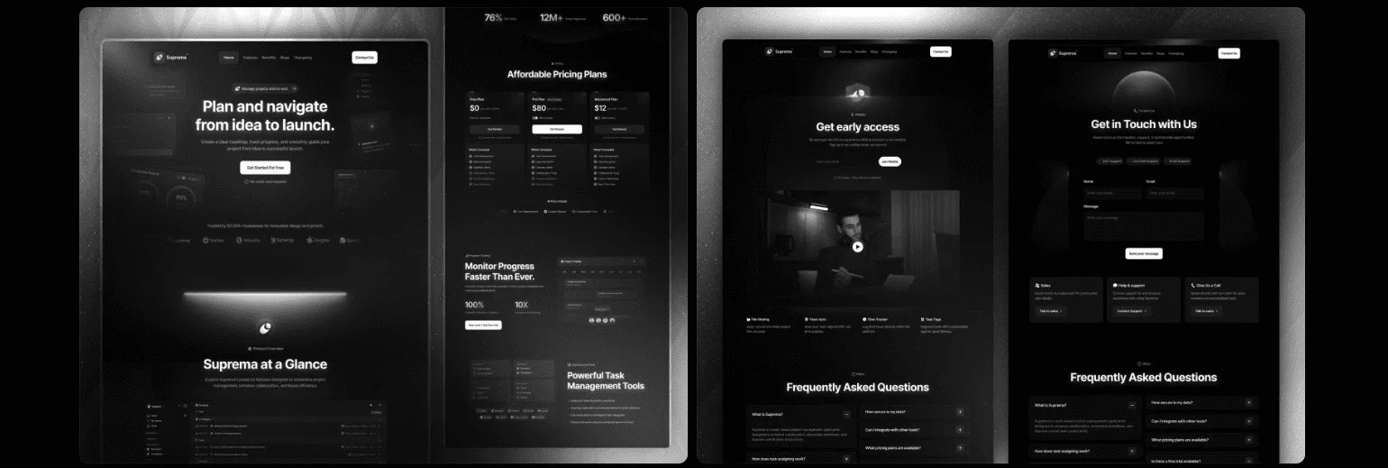 Suprema Framer business template in dark greyscale with pricing, early access, contact and FAQ pages side by side