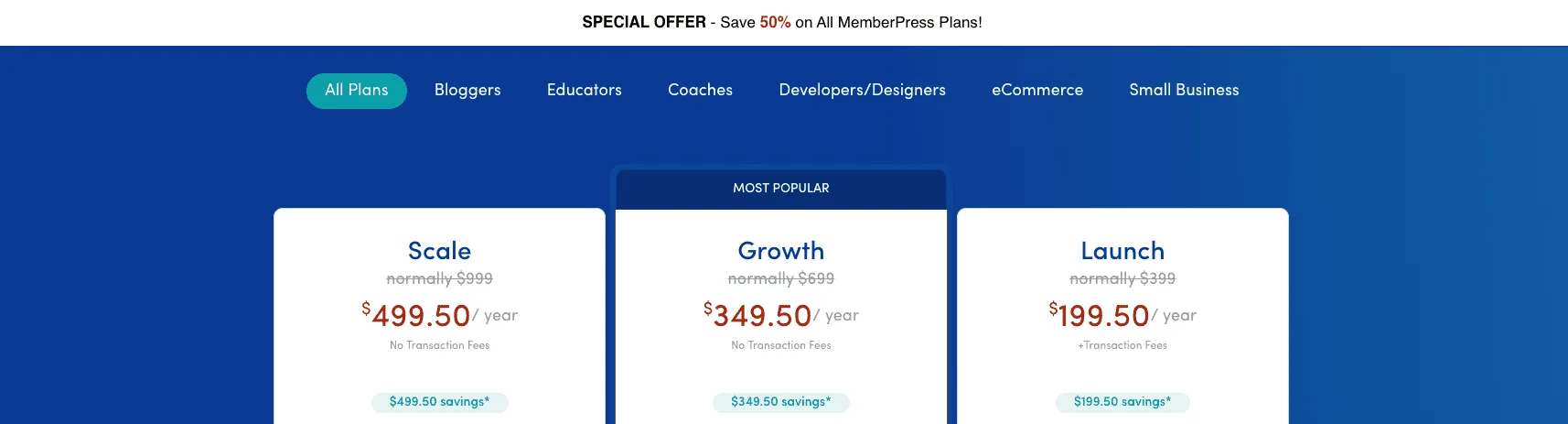 MemberPress pricing showing Scale, Growth and Launch plans at 50% off with a special offer bar