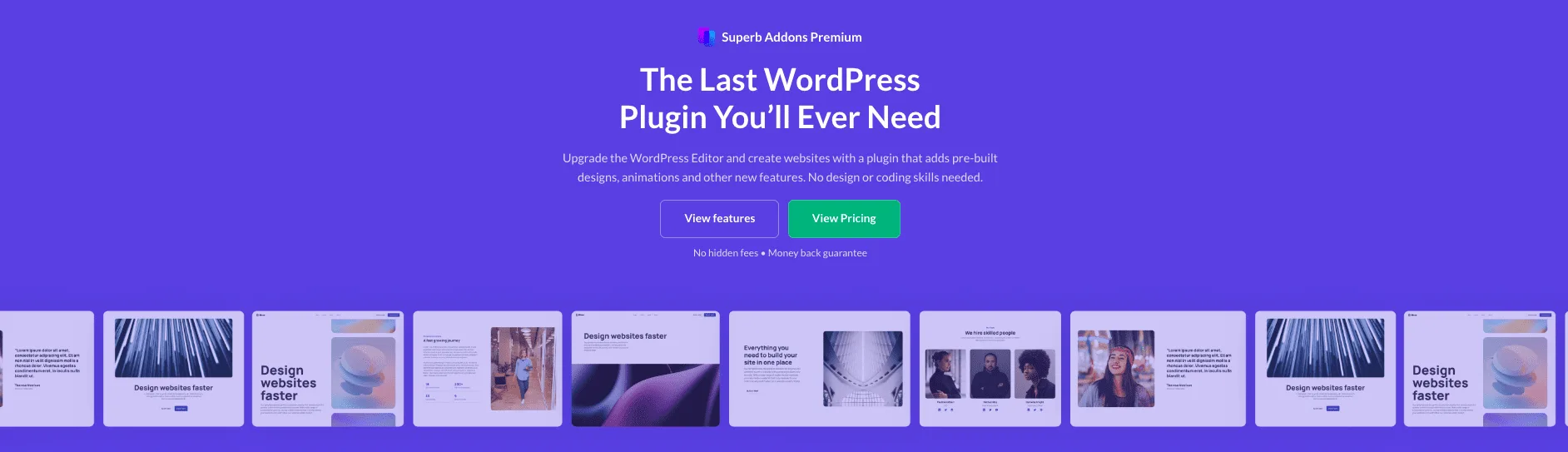 Superb Addons Premium homepage calling itself the last WordPress plugin you'll ever need above pattern previews