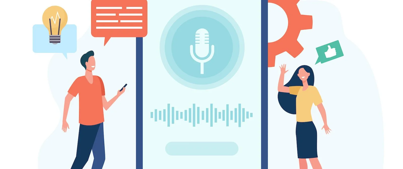Flat illustration of two people beside a phone screen with a microphone icon and audio waveform for text to speech