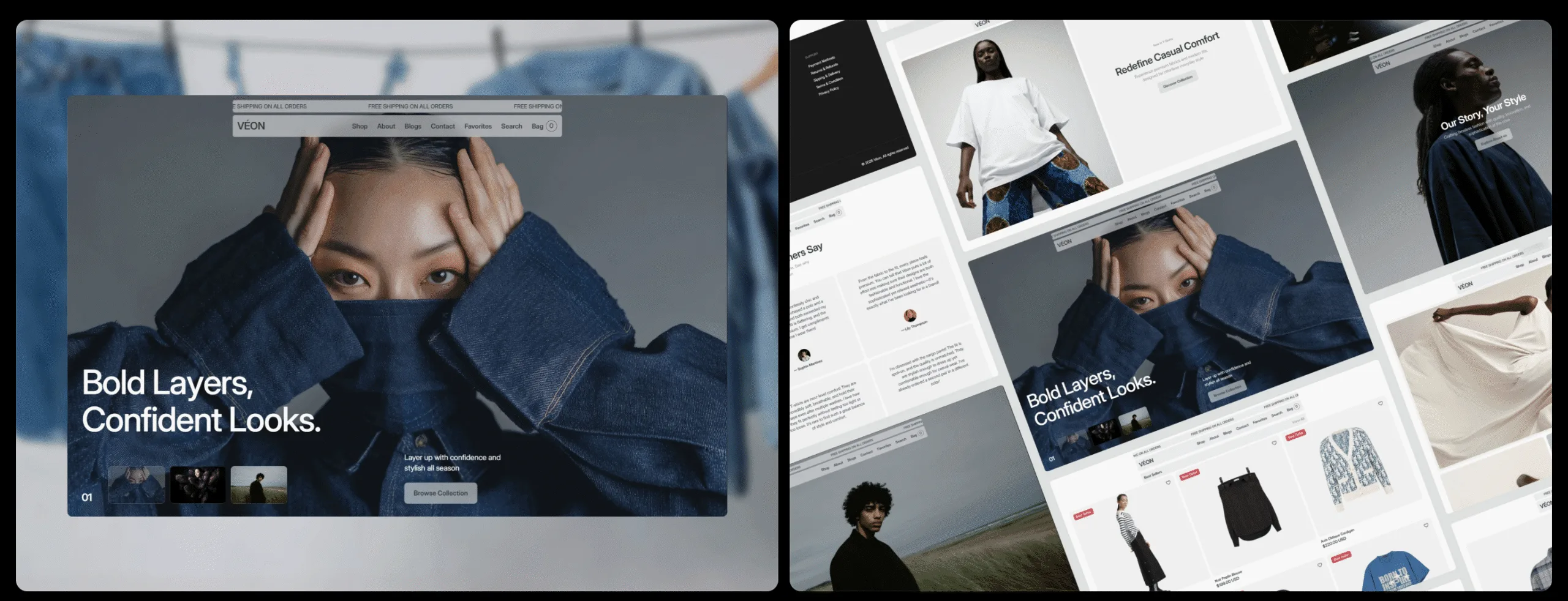 VÉON Framer fashion template with a denim-clad model hero reading Bold Layers, Confident Looks and shop pages