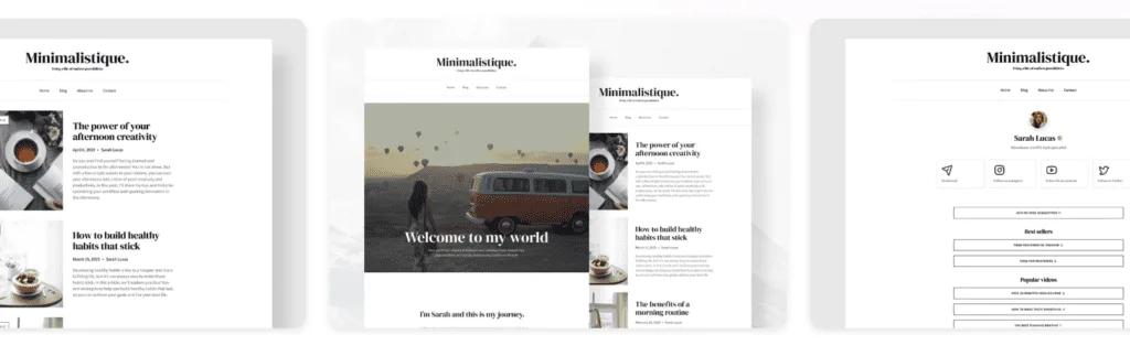 Minimalistique Framer travel blog template shown as three pages with a camper van hero and an author profile