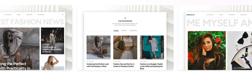DreamyDetails Framer template preview with fashion news homepage, category grid and profile page
