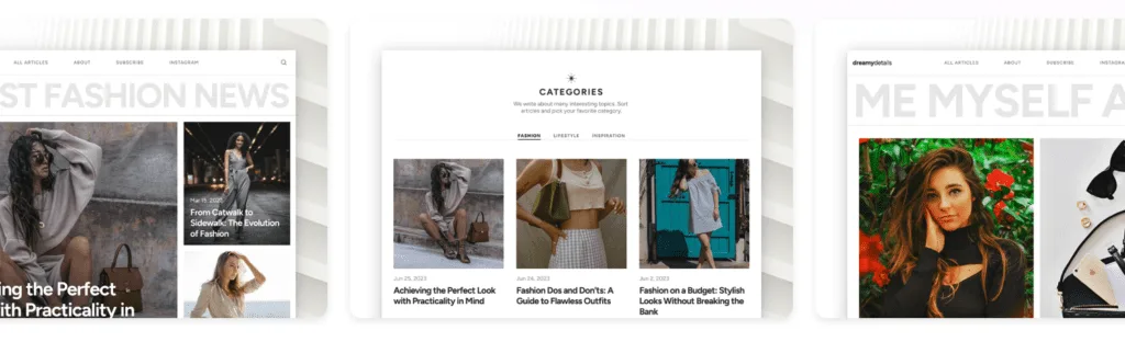 DreamyDetail Framer fashion blog template with a news hero, category grid and a large portrait header