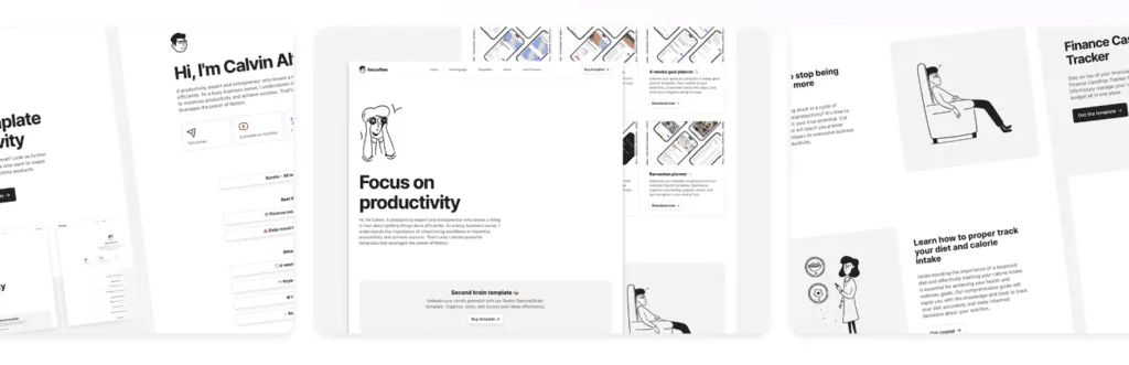 Minimalistique Framer template with black and white line illustrations and a Focus on productivity hero