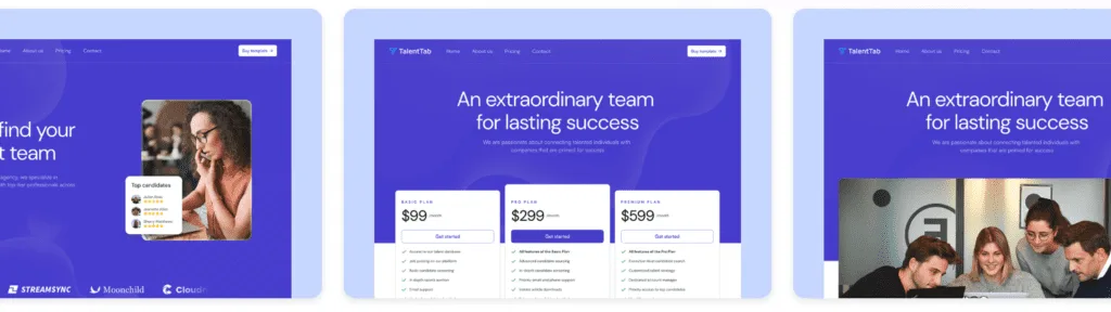 TalentTab Framer landing page template with hero, three pricing tiers and a team photo in blue and purple