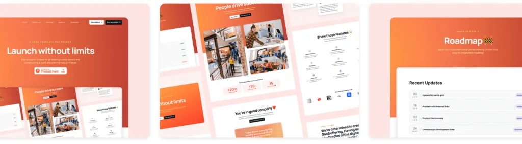 Three orange Framer landing page template previews with a Launch without limits hero and a Roadmap section