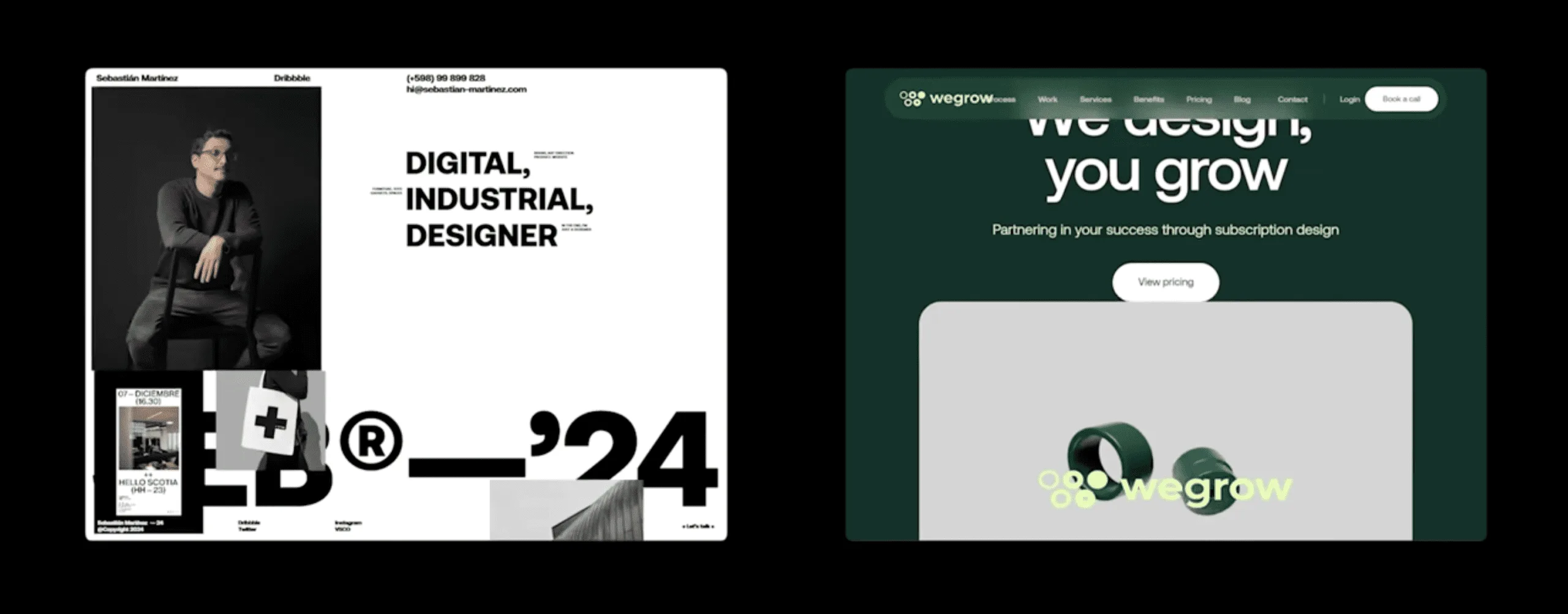 Two Framer site examples side by side: a designer portfolio and the green Wegrow subscription design landing page