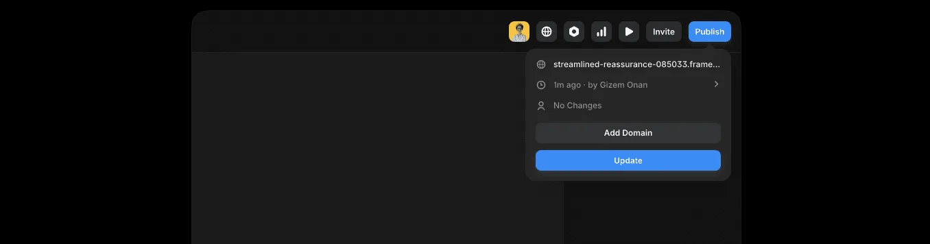 Framer publish panel with a free framer.website URL and an Add Domain button next to Update